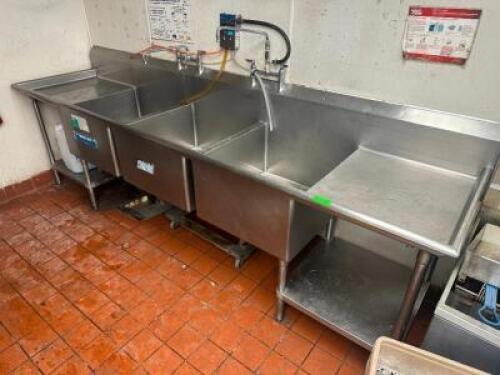 124" THREE WELL STAINLESS POT SINK W/ LEFT AND RIGHT DRY BOARDS.