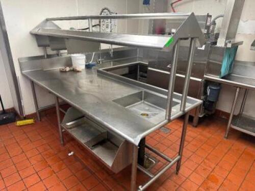 8' X 9' "J " SHAPED STAINLESS SOIL TABLE W/ RISER SHELF, SPRAY SINK.