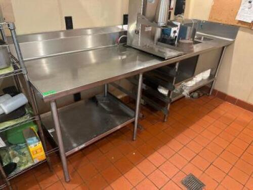 110" X 32" ALL STAINLESS BEVERAGE STATION TABLE W/ WATER STATION AND SINK.