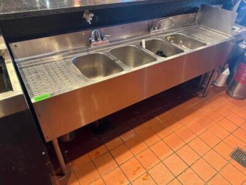 KROWNE 72" FOUR WELL STAINLESS UNDERBAR SINK W/ LEFT AND RIGHT DRY BOARDS.