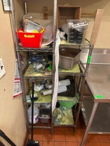 (2) SMALL WIRE SHELVING UNITS W/ CONTENTS.