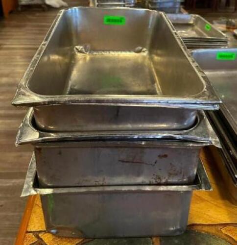 (3) FULL SIZE STAINLESS PANS AND (2) WATER PANS