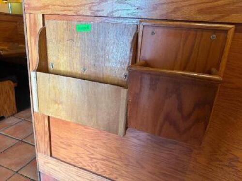 (2) WOODEN WALL MOUNTED MENU HOLDERS.