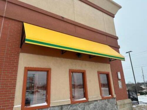 15' X 24" METAL FRAMED AWNING W/ YELLOW AND WHITE CANVAS COVER