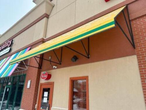 15' X 24" METAL FRAMED AWNING W/ YELLOW AND WHITE CANVAS COVER