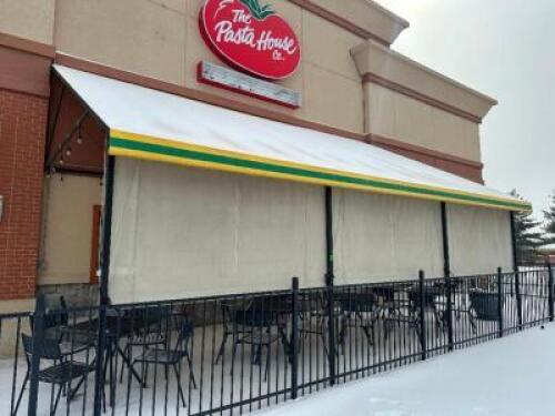 30" X 15' PATIO AWNING W/ METAL FRAME AND CANVAS COVER. COMES W/ (3) 10' RETRACTABLE SUN SCREENS