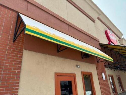 15' X 24" METAL FRAMED AWNING W/ YELLOW AND WHITE CANVAS COVER