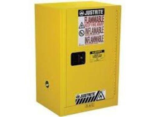 DESCRIPTION: (1) FLAMMABLE SAFETY CABINETBRAND/MODEL: JUSTRITE #RM09198SIZE: 12 GALLON, APPROX 17" X 8" X 22 1/2"RETAIL$: $803.00 EAQTY: 1