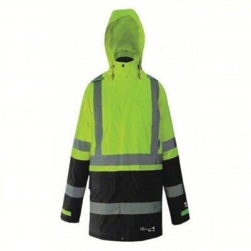 DESCRIPTION: (2) RAIN JACKET BRAND/MODEL: VIKING #45GN56 INFORMATION: HI-VIZ SIZE: 3XL, Black/Yellow, Double Storm Flap/Hook-and-Loop/Zipper RETAIL$: