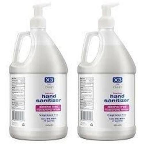 DESCRIPTION: (2) FOAMING HAND SANITIZER BRAND/MODEL: X3 CLEAN INFORMATION: ALCOHOL FREE SIZE: 1 GALLON RETAIL$: $20.00 EA QTY: 2
