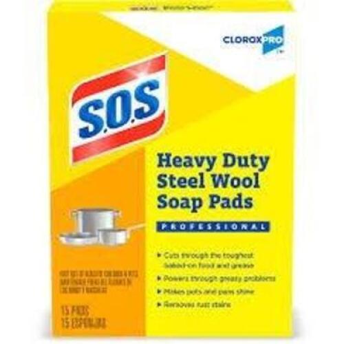 DESCRIPTION: (4) BOXES OF (15) HEAVY DUTY STEEL WOOL SOAP PADS BRAND/MODEL: CLOROX PRO SOS RETAIL$: $6.00 EA QTY: 4