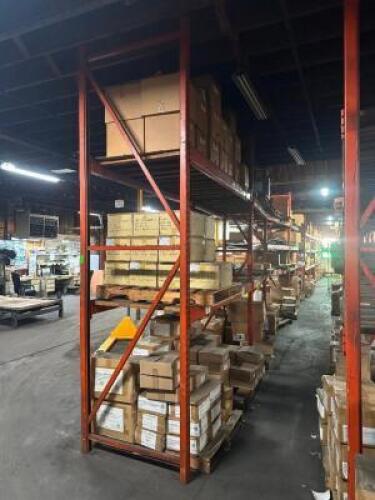 (9) - SECTIONS OF 12' TEAR DROP PALLET RACKING WITH WOOD DECKING