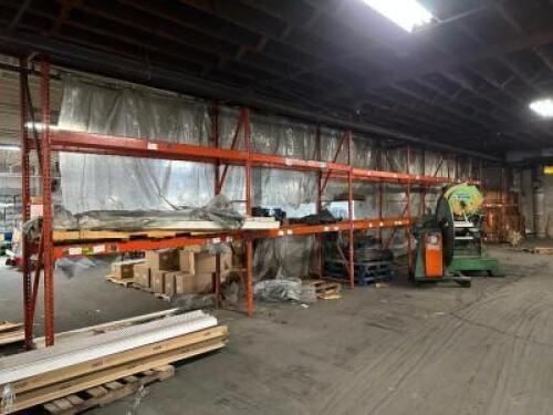 (7) - SECTIONS OF 12' TEAR DROP PALLET RACKING WITH WOOD DECKING