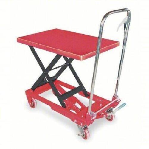 DESCRIPTION: (1) MANUAL MOBILE SCISSOR LIFT CART BRAND/MODEL: DAYTON #3KR46 INFORMATION: RED, 400 LB CAPACITY, STEEL SIZE: 27-1/2" X 17-5/8" RETAIL$: