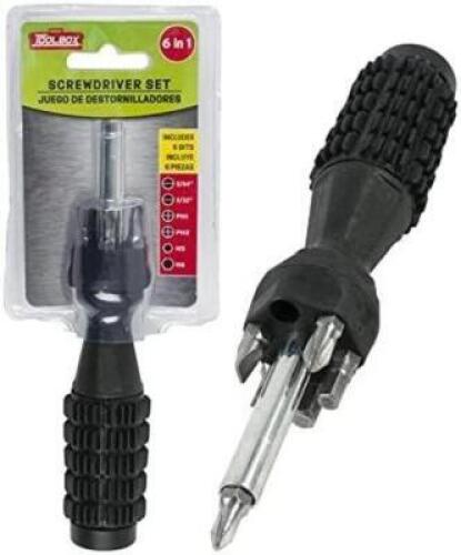 DESCRIPTION: (6) SCREWDRIVER SET BRAND/MODEL: TOOLBOX #60524 INFORMATION: INTERCHANGEABLE HEADS. 4 PIECES RETAIL$: $4.95 EA QTY: 6