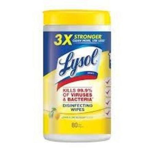 DESCRIPTION: (6) DISINFECTING WIPES BRAND/MODEL: LYSOL INFORMATION: LEMON, 80 WIPES PER CONTAINER RETAIL$: $10.00 EA QTY: 6
