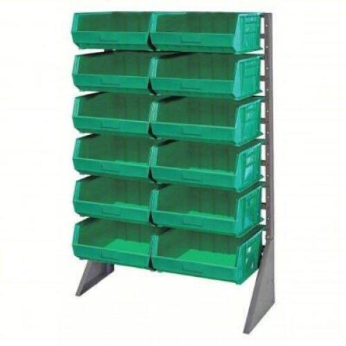 DESCRIPTION: (1) BIN RAIL FLOR RACK BRAND/MODEL: QUANTUM STORAGE SYSTEMS #8E887 INFORMATION: GREEN SIZE: 15 in x 54 in x 36 in, 1 Sided, 12 Bins RETAI