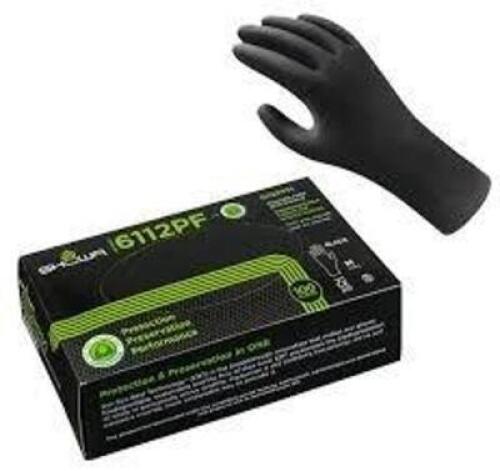 DESCRIPTION: (4) BOXES OF (100) DISPOSABLE GLOVES BRAND/MODEL: SHOWA #6112PF INFORMATION: BLACK SIZE: MED RETAIL$: $26.00 EA QTY: 4