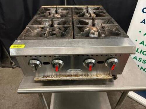 DESCRIPTION SERV-WARE FOUR BURNER COUNTER TOP RANGE. BRAND / MODEL: SERV-WARE ADDITIONAL INFORMATION NATURAL GAS. EQUIPMENT STAND IS NOT INCLUDED. SIZ