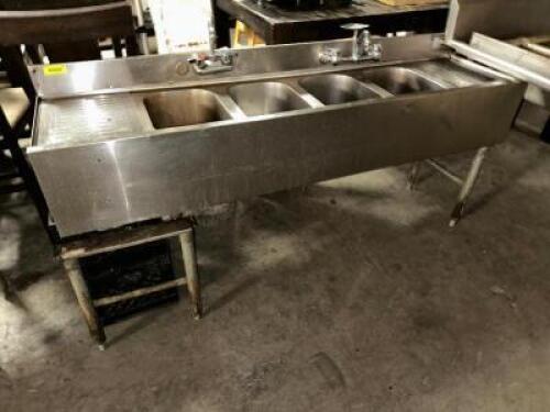 DESCRIPTION 72" FOUR WELL STAINLESS UNDER BAR SINK W/ LEFT AND RIGHT DRY BOARDS. ADDITIONAL INFORMATION DOUBLE FAUCET. LEFT SIDE LEGS ARE NOT ATTACHED