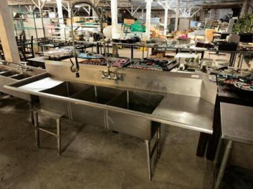 DESCRIPTION 100" LEFT SIDE THREE WELL STAINLESS POT SINK / SOIL TABLE. ADDITIONAL INFORMATION W/ SPRAYER. SIZE 100" LOCATION BAY 6 QTY 1