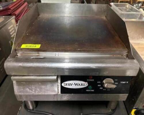 DESCRIPTION SERV-WARE 16" COUNTER TOP ELECTRIC FLAT GRILL. BRAND / MODEL: SERV-WARE ETG-16 SIZE 16" LOCATION BAY 6 QTY 1