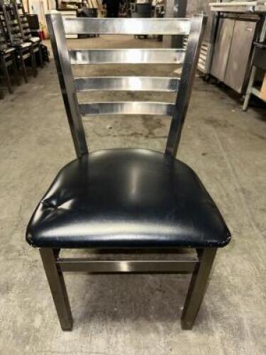 DESCRIPTION (3) LADDER BACK CHAIRS W/ POLISHED NICKLE FINISH AND BLACK PADDED SEATS. ADDITIONAL INFORMATION IN GOOD CONDITION. THIS LOT IS: SOLD BY TH