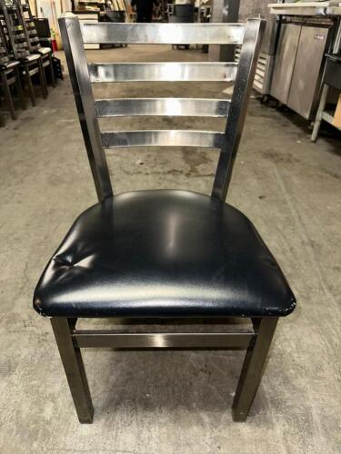 DESCRIPTION (3) LADDER BACK CHAIRS W/ POLISHED NICKLE FINISH AND BLACK PADDED SEATS. ADDITIONAL INFORMATION IN GOOD CONDITION. THIS LOT IS: SOLD BY TH