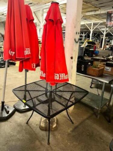 DESCRIPTION 42" X 42" METAL PATIO TABLE W/ UMBRELLA AND STAND. ADDITIONAL INFORMATION NO CHAIRS W/ THIS LOT. SIZE 42" X 42" LOCATION BAY 6 QTY 1