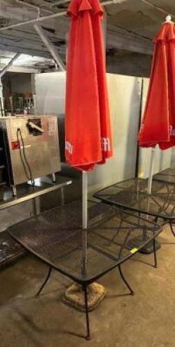 DESCRIPTION 42" X 42" METAL PATIO TABLE W/ UMBRELLA AND STAND. ADDITIONAL INFORMATION NO CHAIRS W/ THIS LOT. SIZE 42" X 42" LOCATION BAY 6 QTY 1