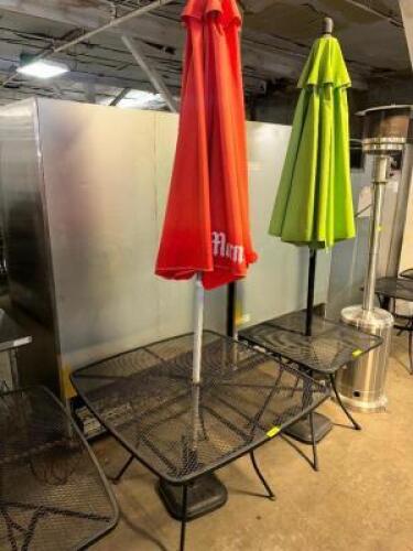 DESCRIPTION 42" X 42" METAL PATIO TABLE W/ UMBRELLA AND STAND. ADDITIONAL INFORMATION NO CHAIRS W/ THIS LOT. SIZE 42" X 42" LOCATION BAY 6 QTY 1