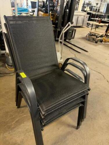 DESCRIPTION (4) METAL FRAMED PATIO STACK CHAIRS W/ BLACK MESH SEATING. THIS LOT IS: SOLD BY THE PIECE LOCATION BAY 6 QTY 4