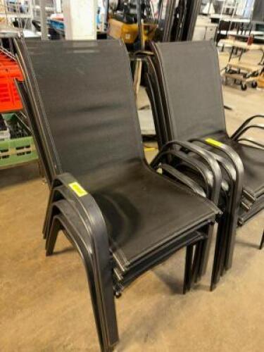 DESCRIPTION (4) METAL FRAMED PATIO STACK CHAIRS W/ BLACK MESH SEATING. THIS LOT IS: SOLD BY THE PIECE LOCATION BAY 6 QTY 4