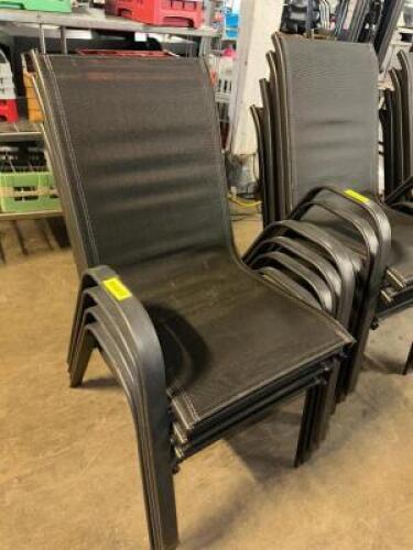 DESCRIPTION (4) METAL FRAMED PATIO STACK CHAIRS W/ BLACK MESH SEATING. THIS LOT IS: SOLD BY THE PIECE LOCATION BAY 6 QTY 4