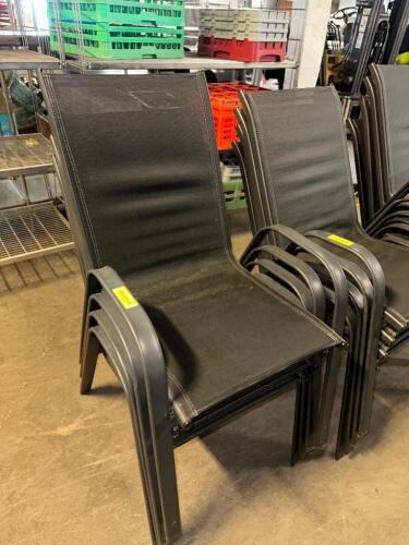 DESCRIPTION (4) METAL FRAMED PATIO STACK CHAIRS W/ BLACK MESH SEATING. THIS LOT IS: SOLD BY THE PIECE LOCATION BAY 6 QTY 4