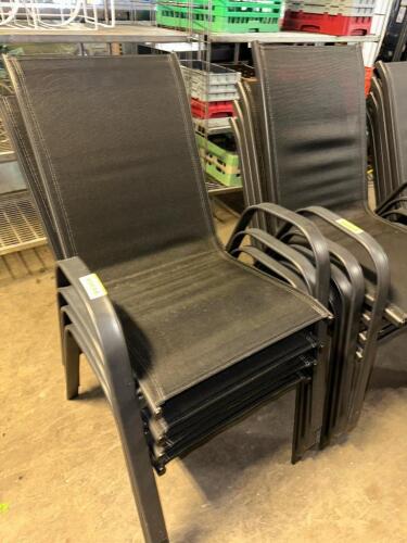 DESCRIPTION (4) METAL FRAMED PATIO STACK CHAIRS W/ BLACK MESH SEATING. THIS LOT IS: SOLD BY THE PIECE LOCATION BAY 6 QTY 4