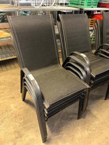 DESCRIPTION (4) METAL FRAMED PATIO STACK CHAIRS W/ BLACK MESH SEATING. THIS LOT IS: SOLD BY THE PIECE LOCATION BAY 6 QTY 4