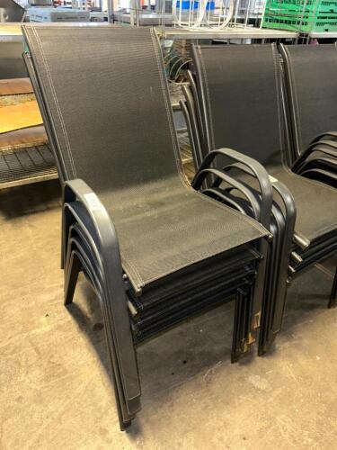 DESCRIPTION (5) METAL FRAMED PATIO STACK CHAIRS W/ BLACK MESH SEATING. THIS LOT IS: SOLD BY THE PIECE LOCATION BAY 6 QTY 5