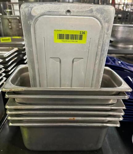 DESCRIPTION (6) 1/3 SIZE STAINLESS INSERTS W/ PLASTIC LIDS ADDITIONAL INFORMATION 6" DEEP. THIS LOT IS: SOLD BY THE PIECE LOCATION BAY 6 QTY 6