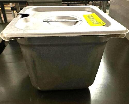 DESCRIPTION (3) 1/6TH SIZE STAINLESS INSERTS W/ LIDS ADDITIONAL INFORMATION 6" DEEP. THIS LOT IS: SOLD BY THE PIECE LOCATION BAY 6 QTY 3