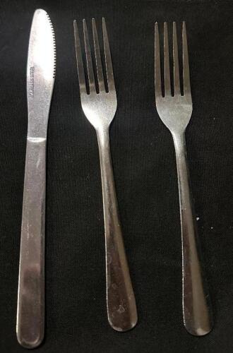 DESCRIPTION (65) SETS OF STAINLESS SILVERWARE W/ BLACK LINEN NAPKINS. ADDITIONAL INFORMATION (2) FORKS / (1) KNIVES THIS LOT IS: SOLD BY THE PIECE LOC