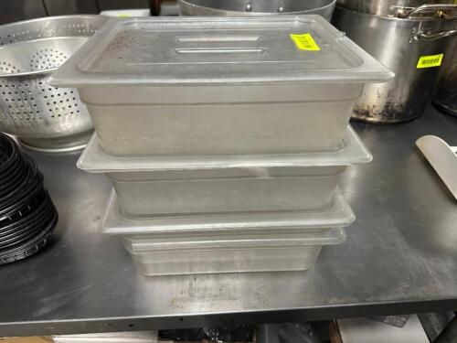 DESCRIPTION (3) HALF SIZE PLASTIC INSERTS W/ LIDS THIS LOT IS: SOLD BY THE PIECE SIZE 2" DEEP LOCATION BAY 6 QTY 3