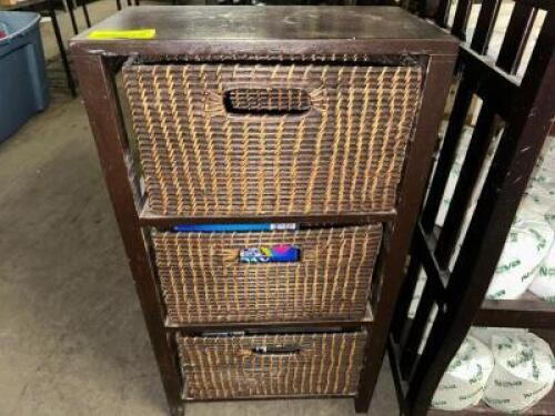 DESCRIPTION THREE DRAWER WOODEN ORGANIZER W/ WICKER BASKET DRAWERS. LOCATION BAY 6 QTY 1