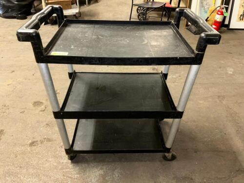 DESCRIPTION THREE TIER BLACK PLASTIC UTILITY CART. LOCATION BAY 6 QTY 1