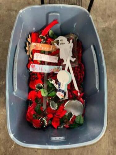 DESCRIPTION (1) BLUE PLASTIC TUB AND CONTENTS - ASSORTED CHRISTMAS D�COR. THIS LOT IS: ONE MONEY LOCATION BAY 6 QTY 1