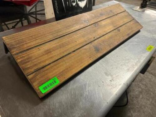 18" WOODEN AND METAL WALL SHELF.