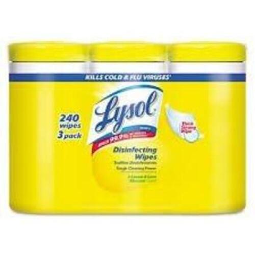 DESCRIPTION: (2) PACKS OF (3) CONTAINERS OF (80) DISINFECTING WIPESBRAND/MODEL: LYSOLINFORMATION: LEMON, 240 WIPESRETAIL$: $10.00 EAQTY: 2