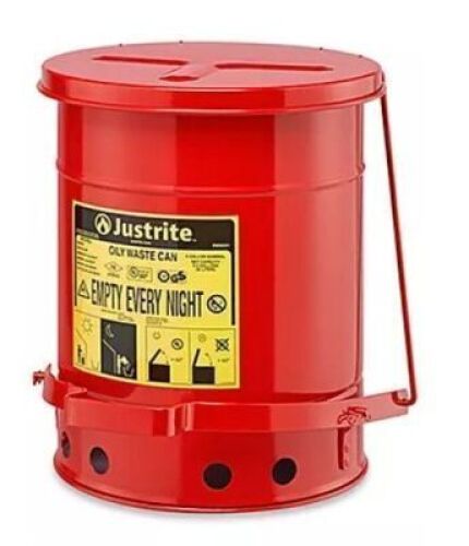 DESCRIPTION: (2) OILY WASTE CAN BRAND/MODEL: JUSTRITE #3TCH7 INFORMATION: RED, SELF CLOSING, FOOT OPERATED SIZE: 6 GAL RETAIL$: $105.36 EA QTY: 2
