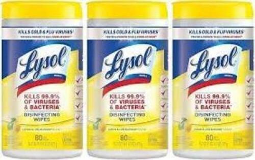 DESCRIPTION: (2) PACKS OF (3) CONTAINERS OF (80) DISINFECTING WIPES BRAND/MODEL: LYSOL INFORMATION: LEMON, 240 WIPES RETAIL$: $10.00 EA QTY: 2