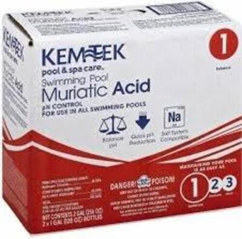 DESCRIPTION: (1) MURIATIC ACID BRAND/MODEL: KEMTEK POOL AND SPA SIZE: 1 GALLON RETAIL$: $20.00 EA QTY: 1